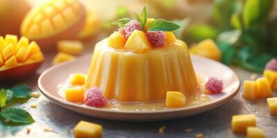 Delicious mango pudding served with fresh raspberries and mint leaves on a sunny table setting photo