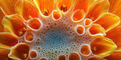 Close-up view of vibrant orange flower revealing intricate petal structure and soothing blue center filled with tiny bubbles photo