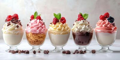 Delicious assortment of desserts featuring creamy ice cream topped with berries and chocolate shavings photo