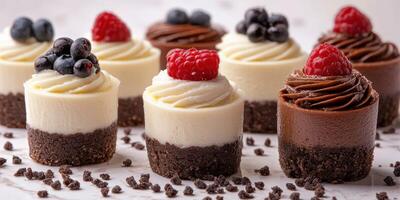Miniature cheesecake desserts displayed on a marble surface with vibrant fruit toppings for a delightful treat photo