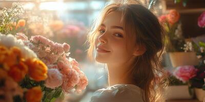 Young woman enjoying a sunny moment surrounded by colorful flowers in a bright floral shop during the afternoon photo