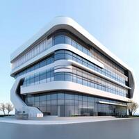 Modern architectural design of a sleek office building in an urban setting photo