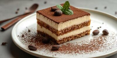 Delicious dessert featuring layered tiramisu with cocoa, coffee beans, and mint garnish on a white plate photo