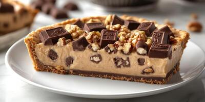 Decadent chocolate peanut butter pie slice on a white plate with textured crust and chocolate pieces photo