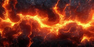 Flowing lava illuminates rocky landscape at an active volcanic site in Hawaii during the daytime photo