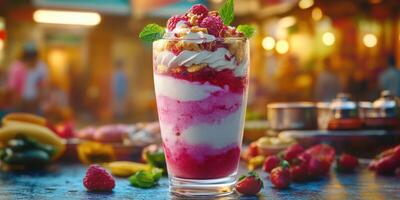 Delicious dessert made with layers of cream, fruit, and toppings at a vibrant market in the evening photo