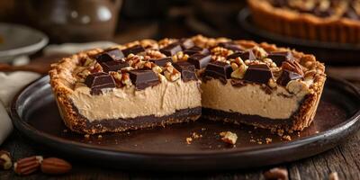 Delicious dessert with chocolate and nut topping served on a rustic wooden table during autumn photo