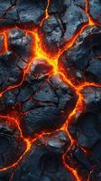 Lava flows through cracked rocks in an intense display of geothermal activity and heat at an active volcano photo