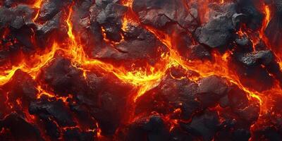 Lava flow illuminating volcanic landscape during night in a dramatic display of fiery colors photo