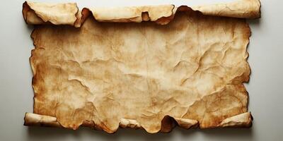 Ancient parchment roll with rough edges and aged appearance laying flat on a surface photo
