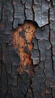 Textured close-up of charred wood revealing natural patterns and colors in a rustic setting photo