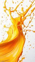Bright yellow paint splash with dynamic motion on a white background captured in an artistic expression photo