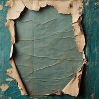 Torn paper revealing textured background in unique artistic display showing natural wear and tear photo