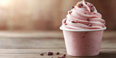 Soft serve ice cream in pink cup topped with chocolate flakes on wooden table photo