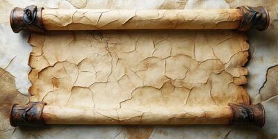 Ancient scroll with ornate ends on a textured background, displaying delicate cracks and an aged appearance photo