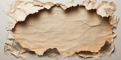 Torn edges of old paper forming an irregular frame with textured surface and natural colors photo