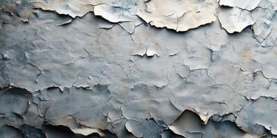 Cracked and peeling plaster wall with textured surface in muted tones of grey and beige showcasing signs of wear and age photo