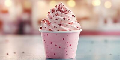 Delicious soft serve ice cream topped with chocolate sprinkles in a pastel pink cup at a fun summer event photo
