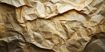 Crumpled brown paper texture showcasing intricate folds and shadows in natural light photo