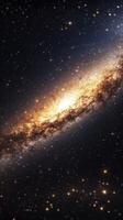 Distant spiral galaxy glowing with golden hues and surrounded by countless stars in a vast cosmic landscape photo