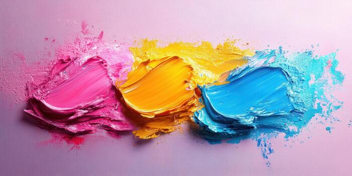 Colorful abstract paint strokes create a vibrant artistic display on a light pink background photo