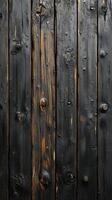 Textured wooden planks create a striking black backdrop showcasing natural grain and weathered features photo