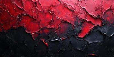Textured abstract artwork featuring deep red and black hues on a canvas with dynamic layers and depth photo