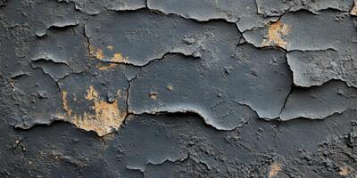 Texture of an aged wall with peeling paint and cracks in a muted gray color observed in afternoon light photo
