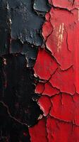 Textured abstract surface with cracked black and red paint showing age and decay in urban setting photo
