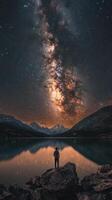 Stargazer admiring the Milky Way over a tranquil lake during a clear night in the mountains photo