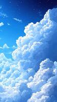 Beautiful fluffy clouds under a bright blue sky during daytime with a hint of stars at twilight photo