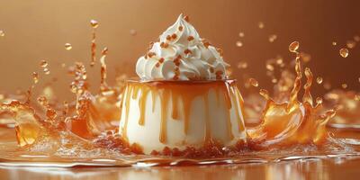 Delicious dessert topped with whipped cream and caramel splashes on a warm background during a culinary display photo