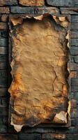 Old parchment poster with cracks and textures against a brick wall in an urban setting photo