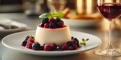 Delicious dessert of creamy panna cotta topped with mixed berries and a glass of red wine in an elegant setting photo