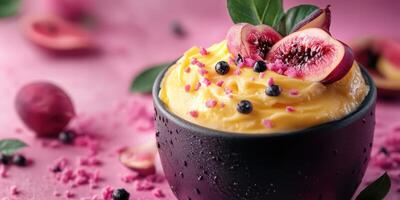 Delicious mango mousse garnished with fresh fruits and vibrant colors on a pink background photo