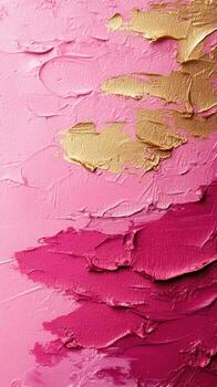 Abstract pink and gold textured painting with layered strokes creating a vibrant visual appeal photo