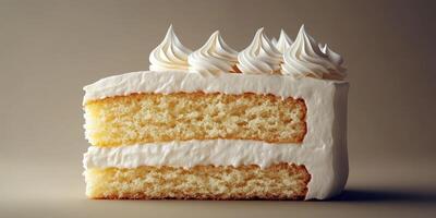 Delicious layers of vanilla cake with creamy frosting topped with swirls of whipped cream photo