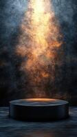 Dramatic lighting effect with warm glow illuminating a circular platform in a darkened space photo