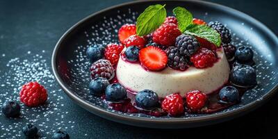 Delicious panna cotta topped with fresh berries and mint served on a black plate photo