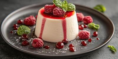 Delicious panna cotta topped with raspberries and mint on a dark plate photo