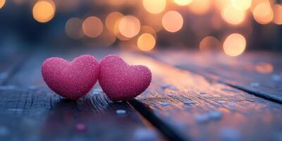 Two pink heart-shaped candies on a wooden table with soft bokeh lights in the background during twilight photo