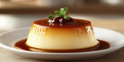 Delicious caramel custard dessert served on a white plate with a fresh mint garnish in a cozy kitchen setting photo