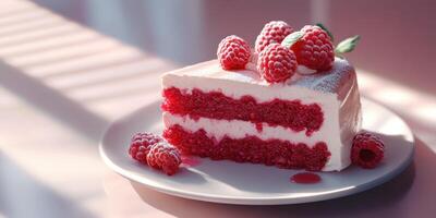 Delicious raspberry cake on a plate with a soft pastel background in a well-lit setting photo