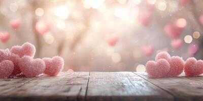 Decorative pink hearts on a wooden surface create a romantic atmosphere during a festive celebration photo
