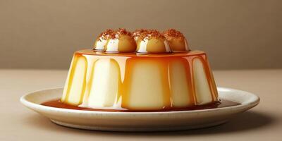 Creamy custard dessert with caramel sauce and whipped cream topping served on a neutral-colored plate photo