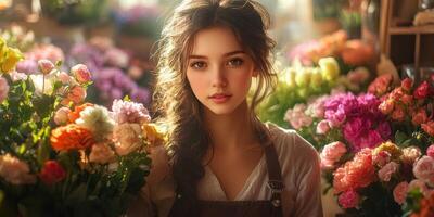 Young woman surrounded by vibrant flowers in a sunlit floral shop during the afternoon photo