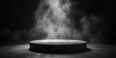 Dark stage with illuminated circular platform surrounded by fog in a dramatic atmosphere photo