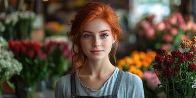 Young girl with red hair smiles at a flower shop surrounded by colorful blooms in a vibrant setting photo