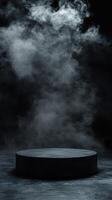Dark stage with swirling smoke creates an atmospheric backdrop for performances or presentations photo