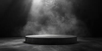 Circular pedestal in a dimly lit space with atmospheric smoke and dramatic lighting photo